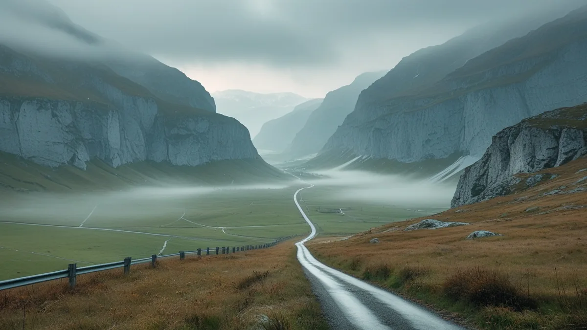 A Swiss alpine valley under deep mist, a narrow road leading down to the plain