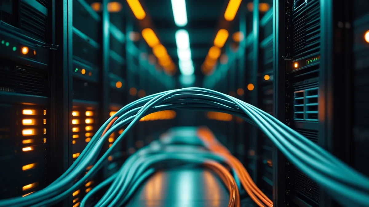 Bundled fibre-optic cables in a dark data centre, amber points of light