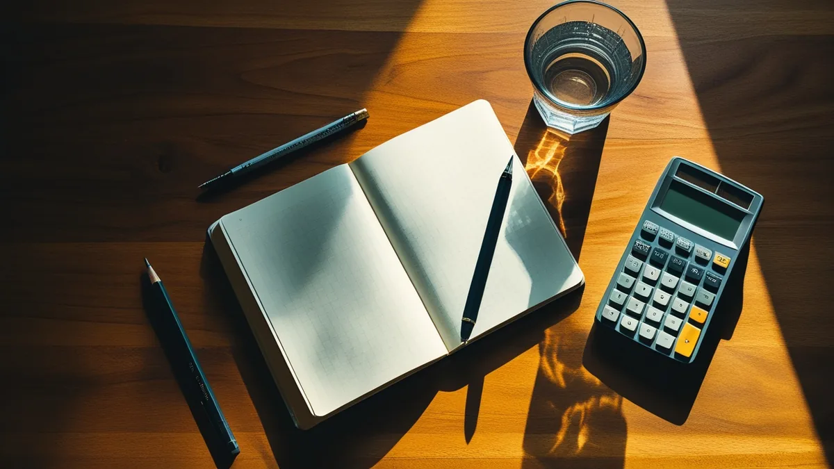 A desk from above with a squared notebook, a pencil, a calculator and a glass of water