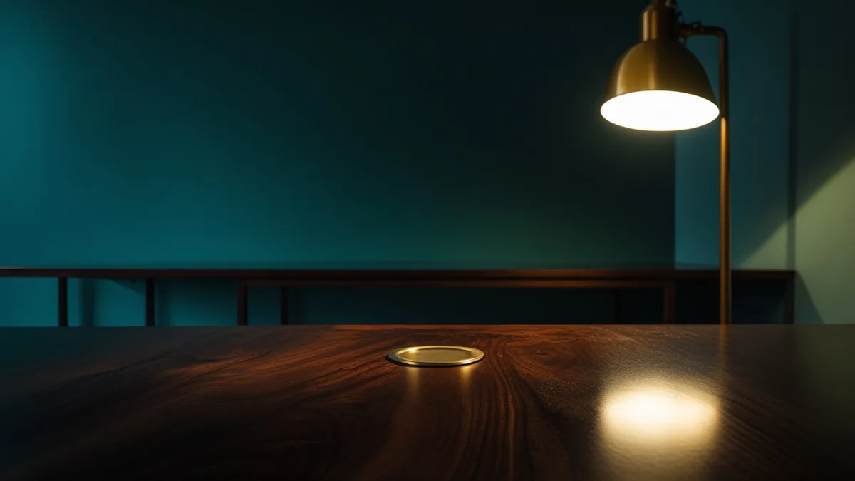 A dark wooden counter in half-light, a single brass token under a lamp